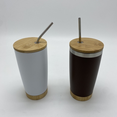 Double wall Vacuum straw cup with Bamboo lid & base